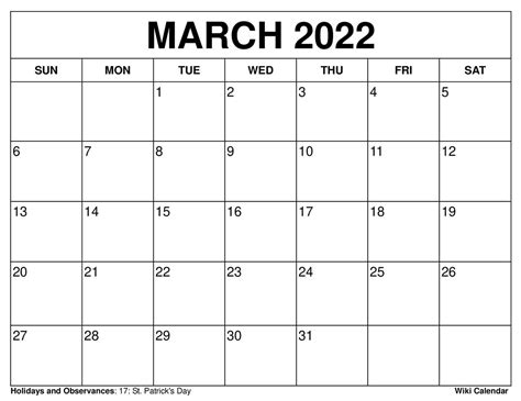 March 2022 Calendar Wiki